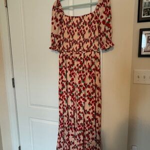 Betsey Johnson Pink and Red Strawberry Flutter Sleeve Maxi Dress